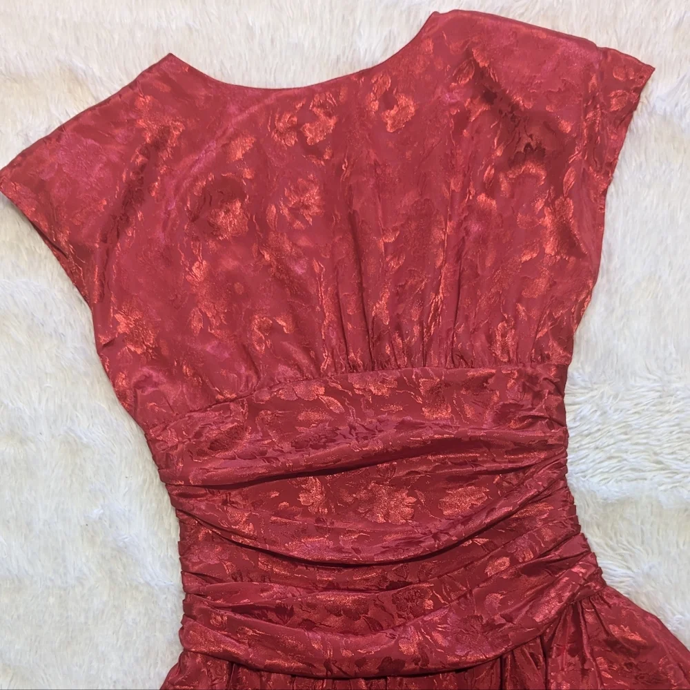 80s Vintage Jodi Schwartz Satin Peplum Ruched Waist Button Back Dress Size 3 - Picture 2 of 14
